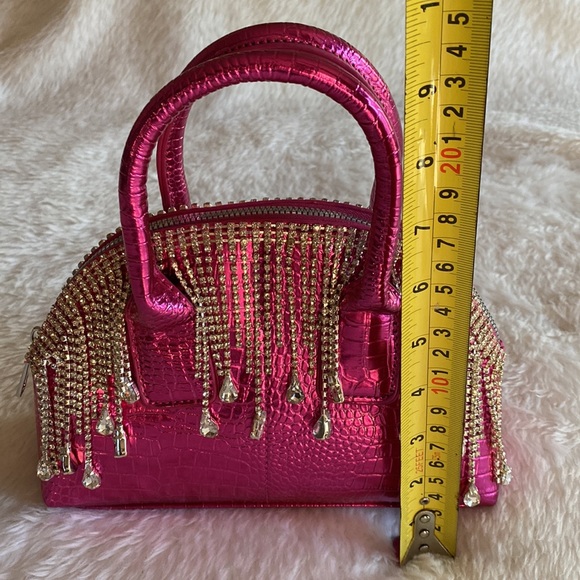 NWOT Adorably Chic Hot Pink Faux Croco Leather with dangling Rhinestones Bag - Picture 9 of 16